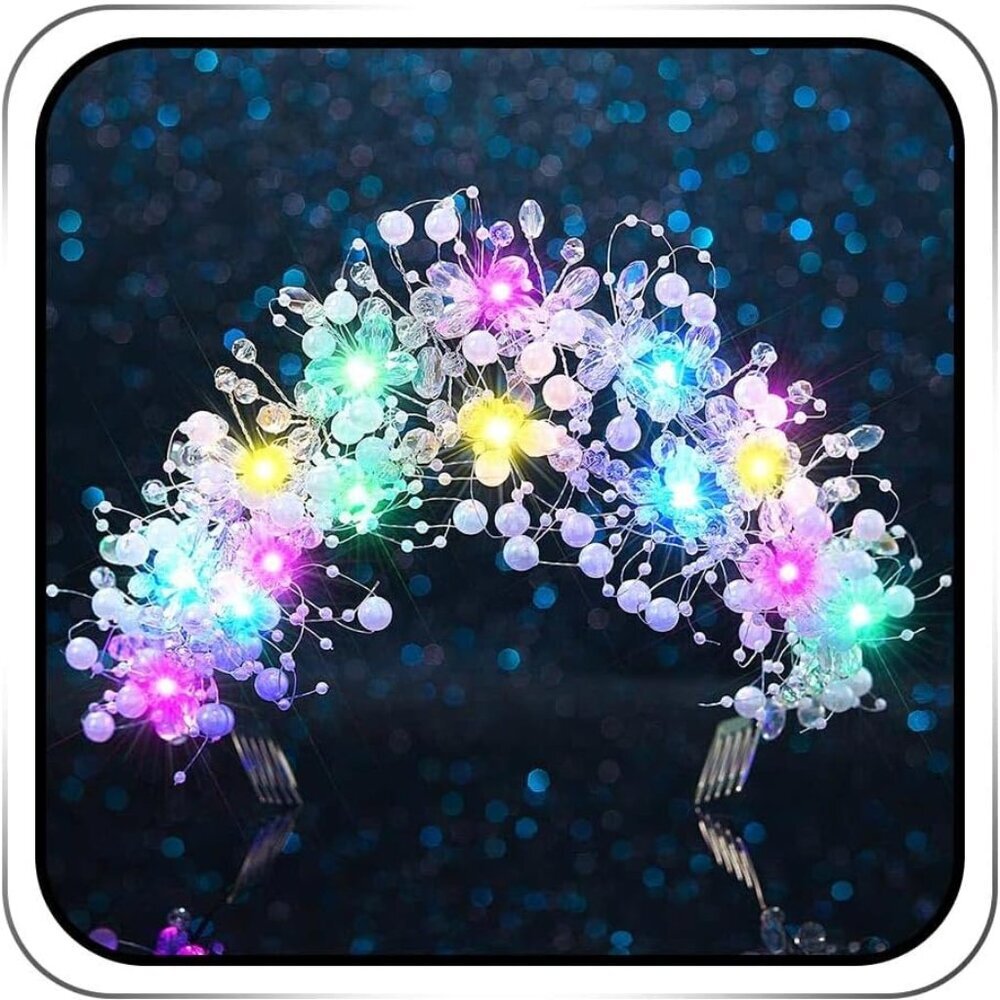 Light Up Beaded Crown Headband Silver Bridal Pearl Glow Costume Prom Accessory